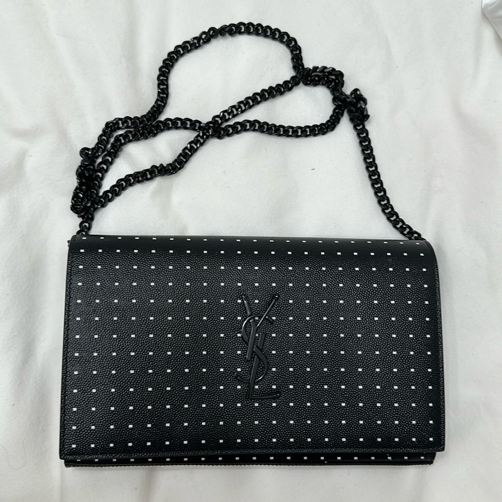 2019 Saint Laurent Kate Chain Wallet square dot design w/black YSL logo & chain